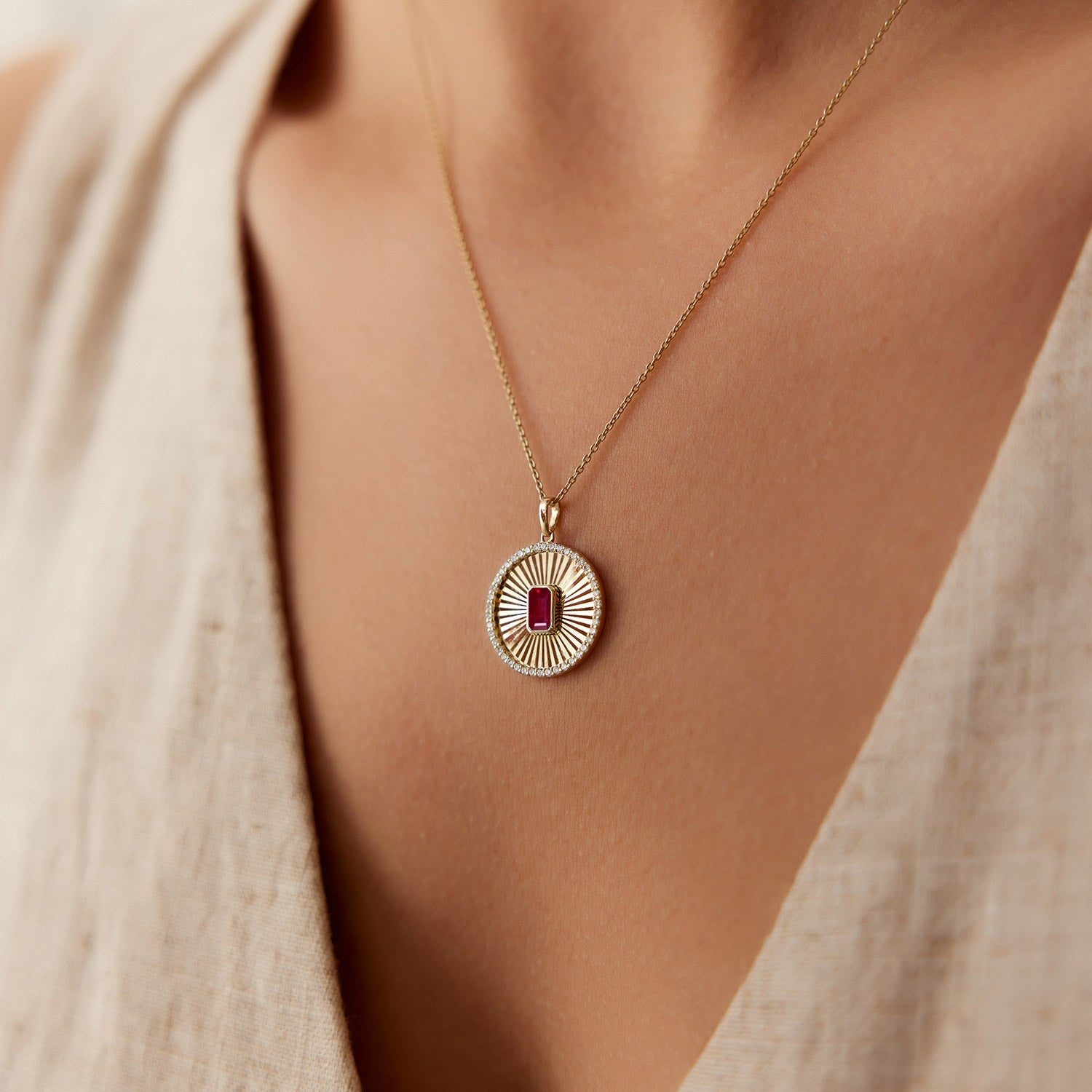 OBFJ1377 - 14K Ruby and Diamond Medallion Necklace 2
