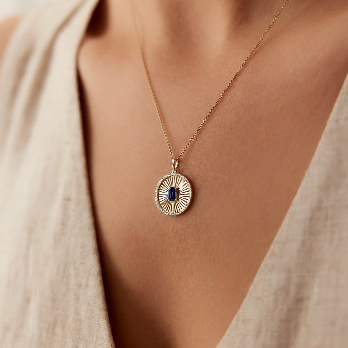 OBFJ0953 - Sapphire and Diamond Medallion Necklace necklace in selectable metal and diamond options - Roselle Jewelry view 2