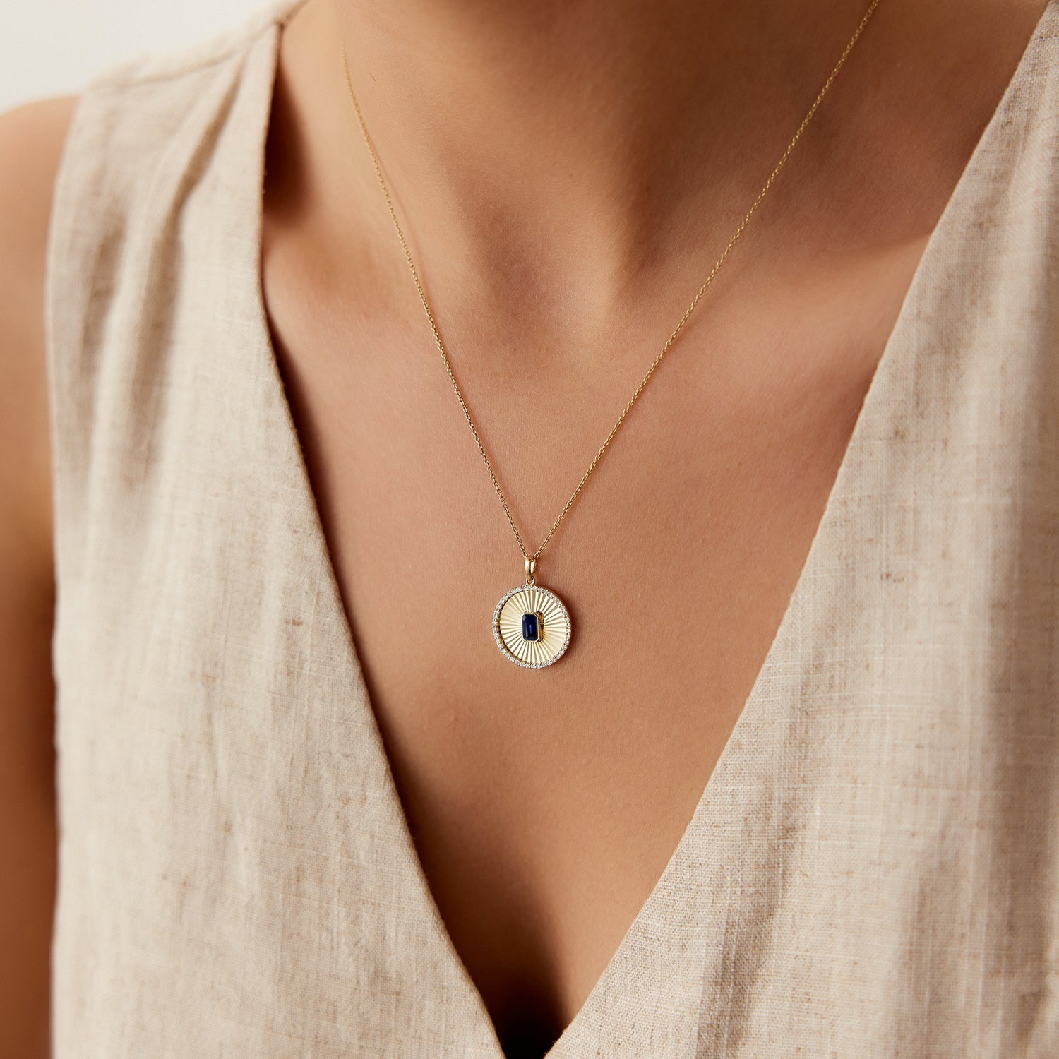 OBFJ0953 - Sapphire and Diamond Medallion Necklace necklace in selectable metal and diamond options - Roselle Jewelry view 5