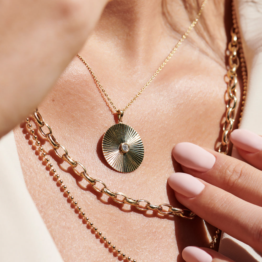 OBFJ0108 - Large Diamond Disc Ray Necklace in 14K Rose Gold 2