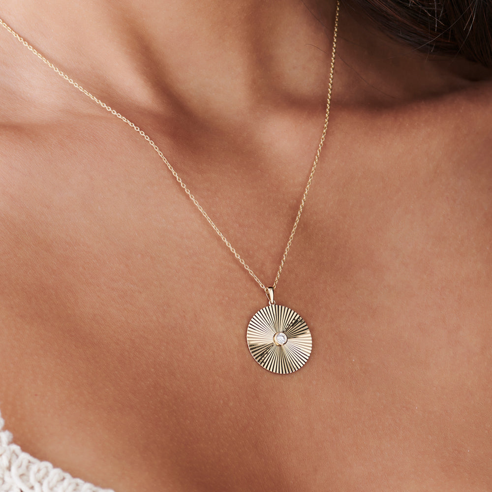 OBFJ2243 - Large Diamond Disc Ray Necklace in necklace in selectable metal and diamond options - Roselle Jewelry view 4