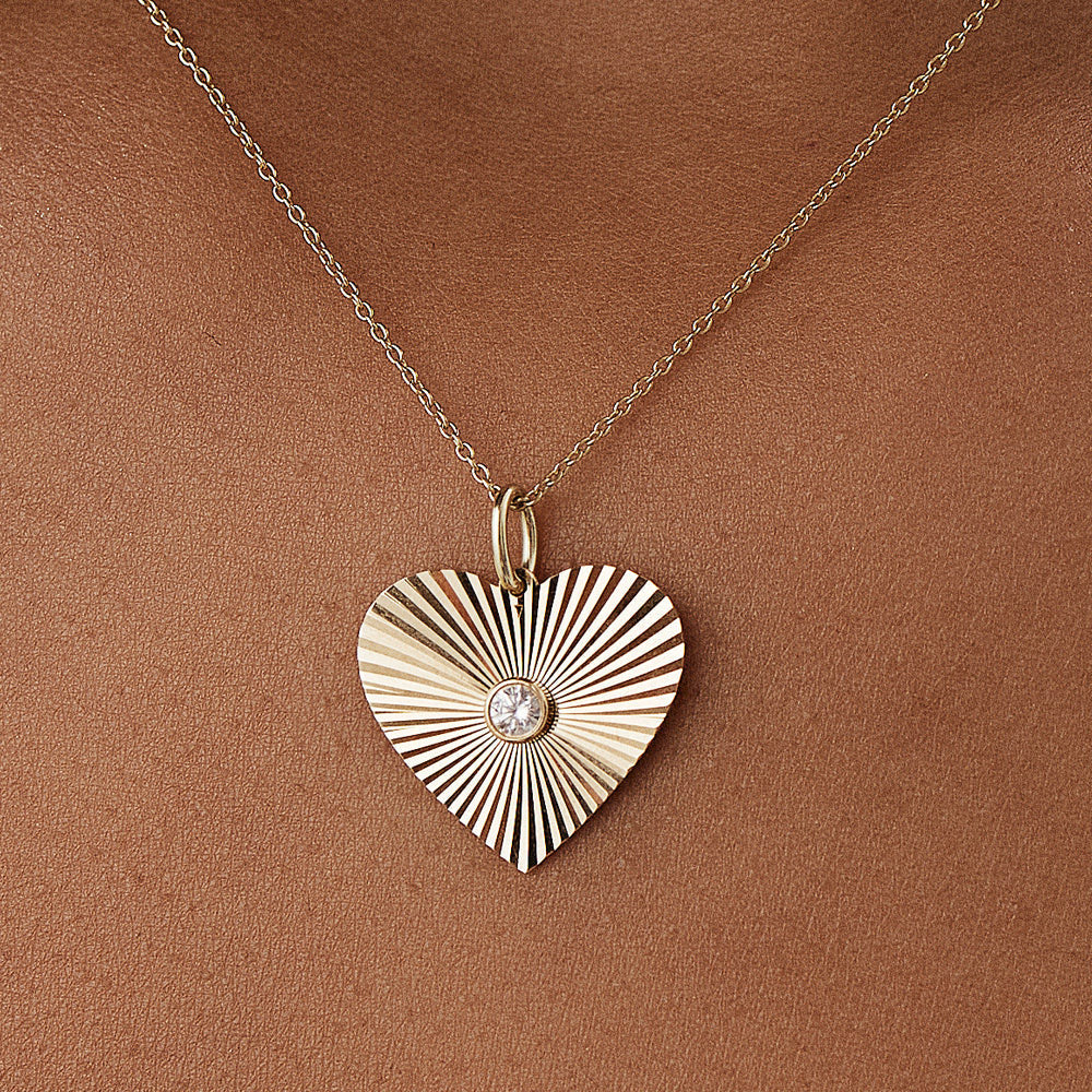 OBFJ1470 - Diamond-Cut Heart Shape Disc Ray Pendant necklace in selectable metal and diamond options - Roselle Jewelry view 2