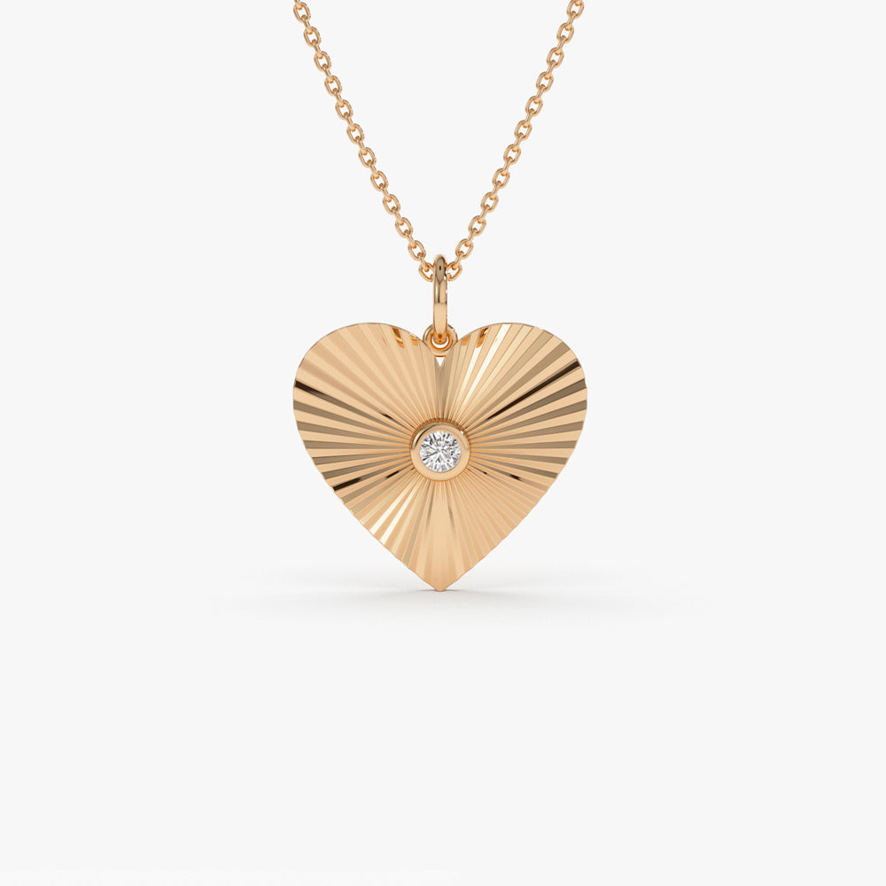 OBFJ1470 - Diamond-Cut Heart Shape Disc Ray Pendant necklace in selectable metal and diamond options - Roselle Jewelry view 4