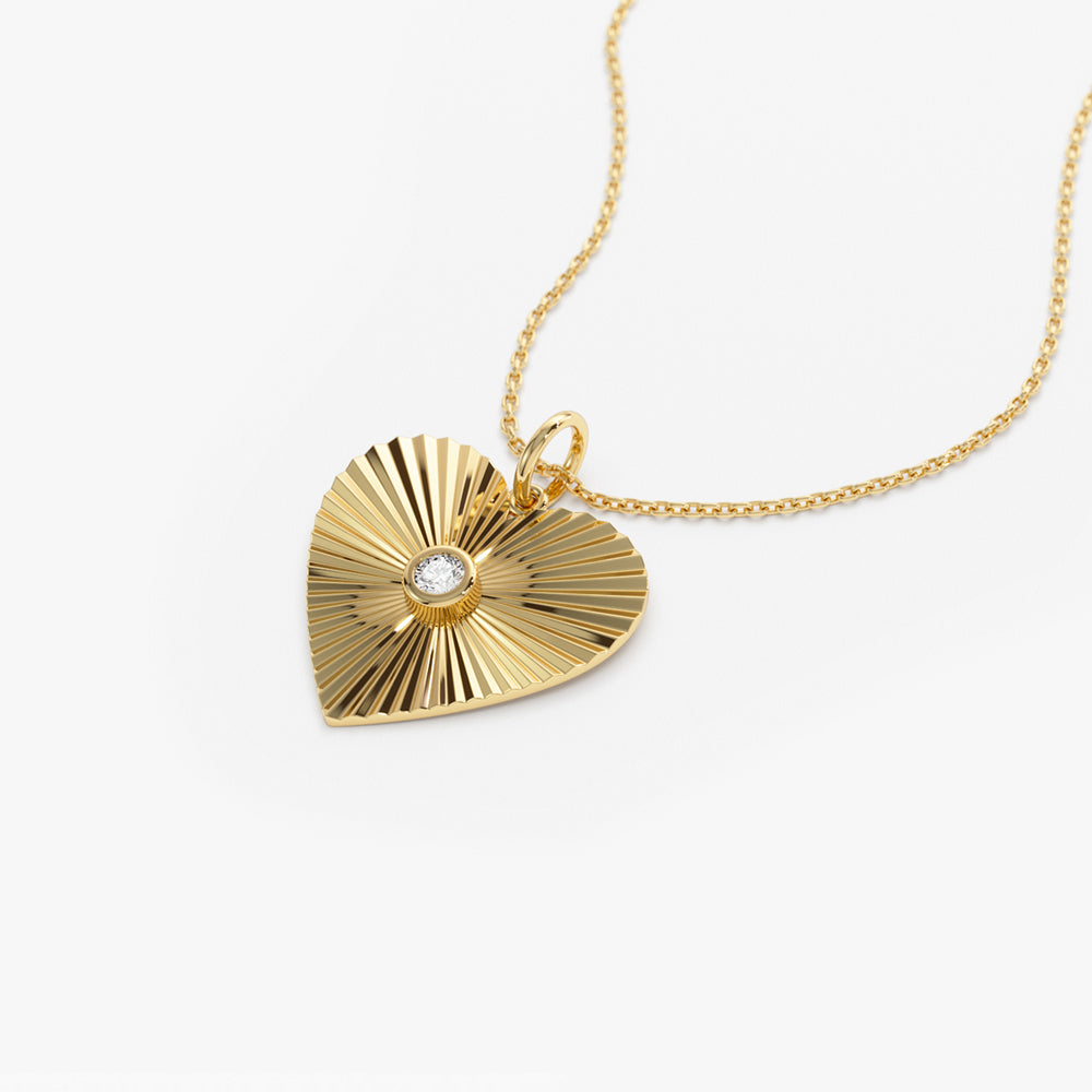 OBFJ1470 - Diamond-Cut Heart Shape Disc Ray Pendant necklace in selectable metal and diamond options - Roselle Jewelry view 6