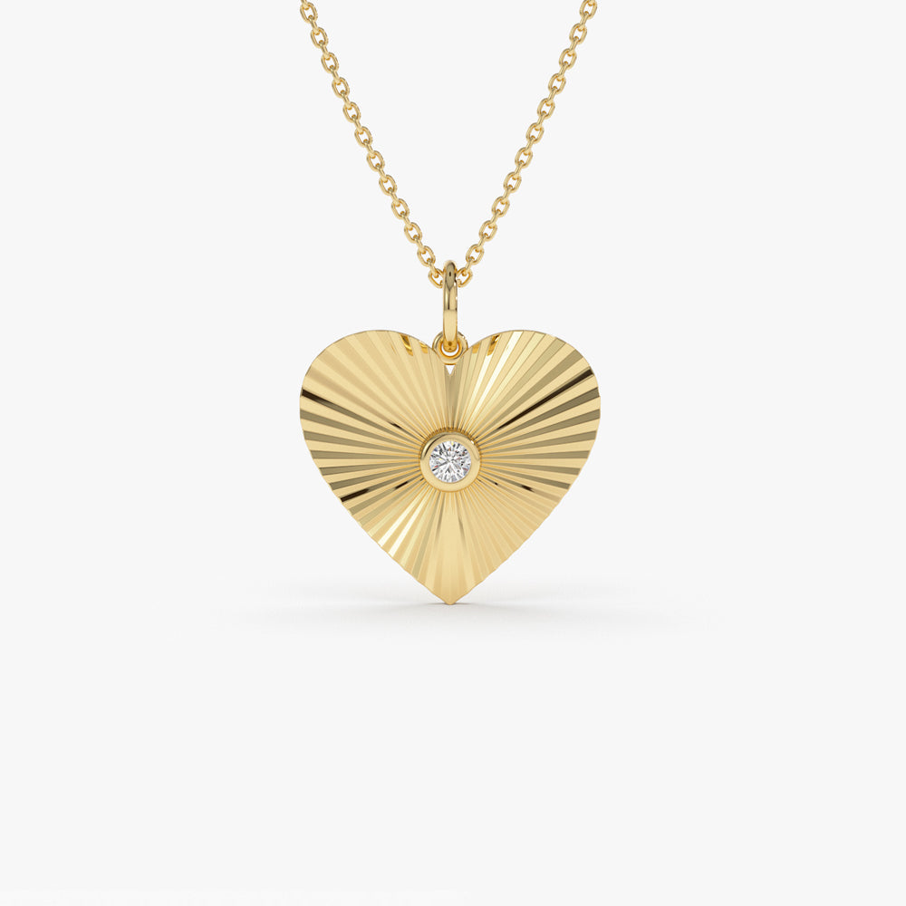 OBFJ1470 - Diamond-Cut Heart Shape Disc Ray Pendant necklace in selectable metal and diamond options - Roselle Jewelry view 1