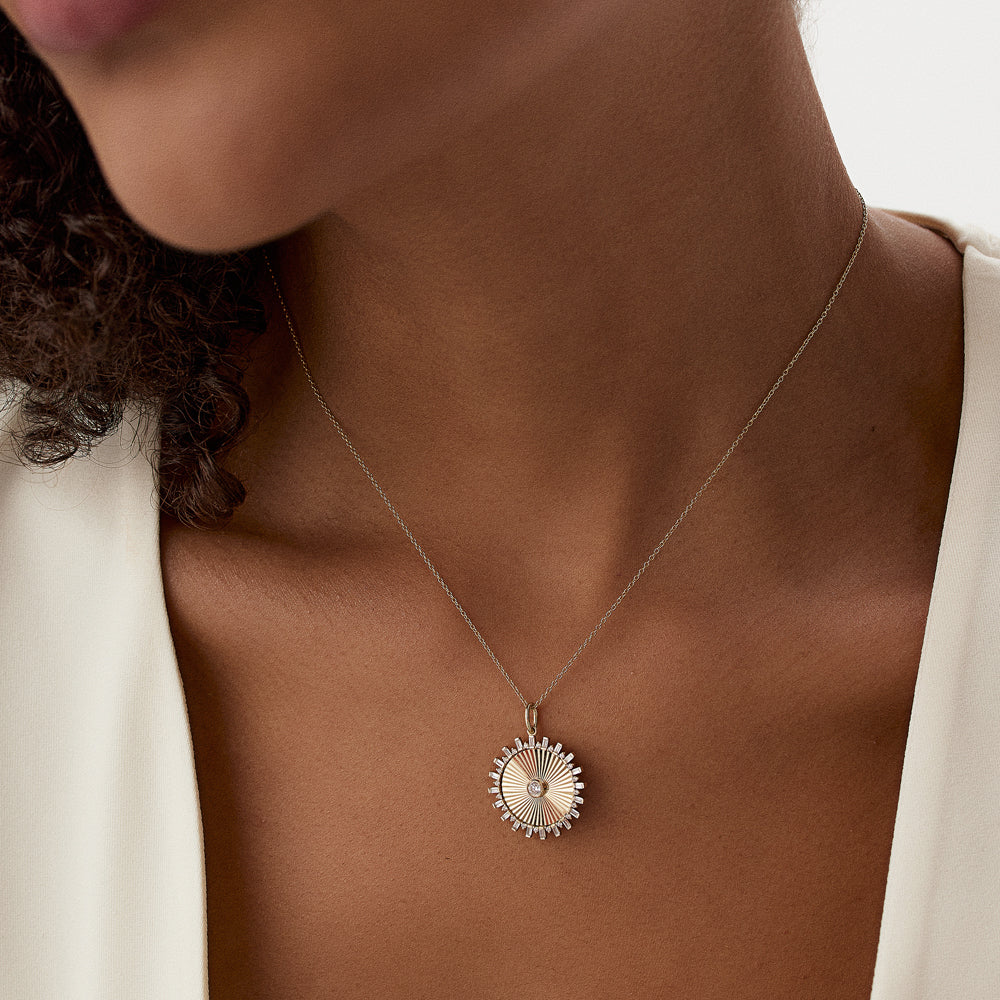 OBFJ1467 - 14k Baguette and Round Diamond Disc Ray Necklace 4