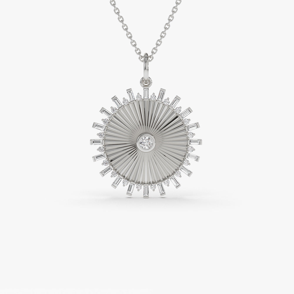 OBFJ1467 - 14k Baguette and Round Diamond Disc Ray Necklace 6