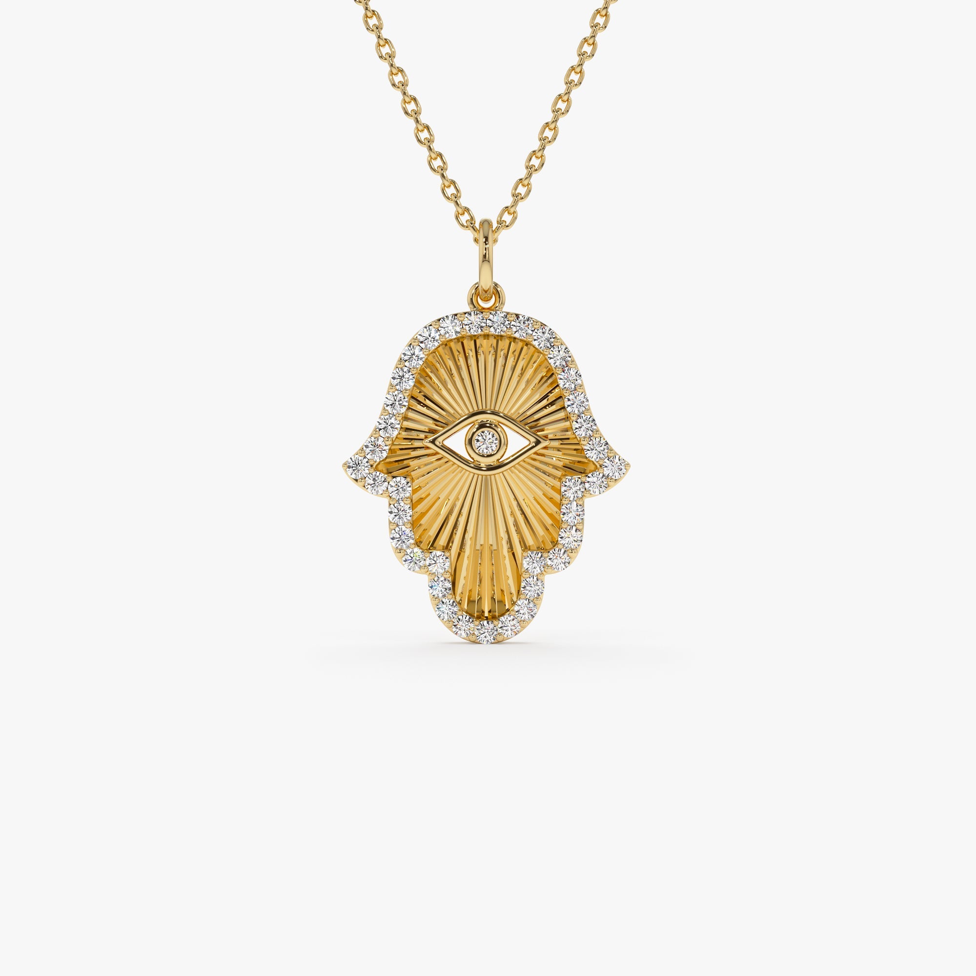OBFJ1369 - 14k Diamond Hamsa & Evil Eye Hand of Fatima Necklace 1