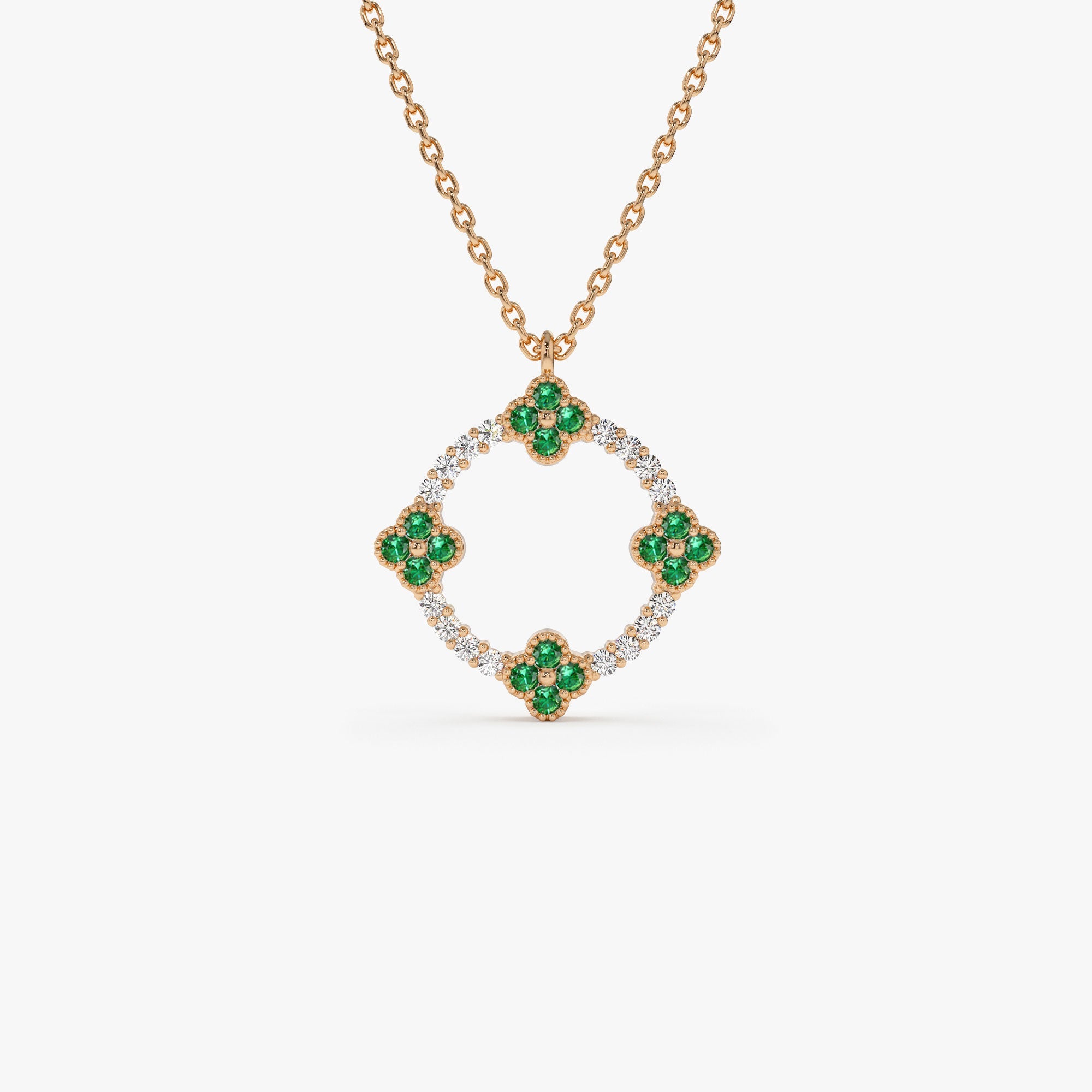 OBFJ1370 - 14k Diamond and Emerald Clover Necklace 5