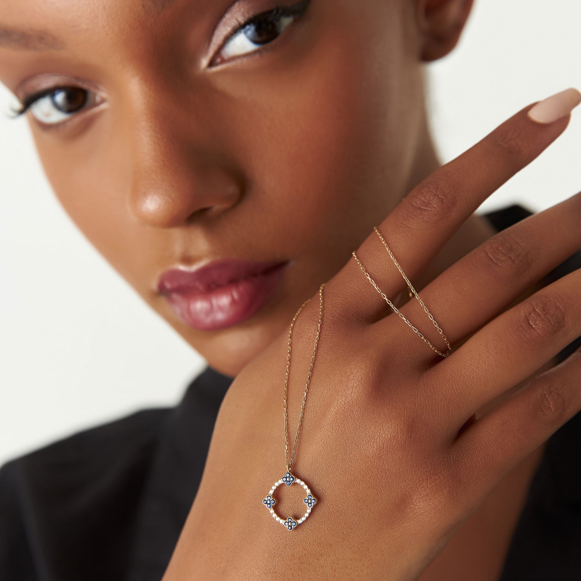 OBFJ0227 - 14k Rose Diamond and Sapphire Clover Necklace 2