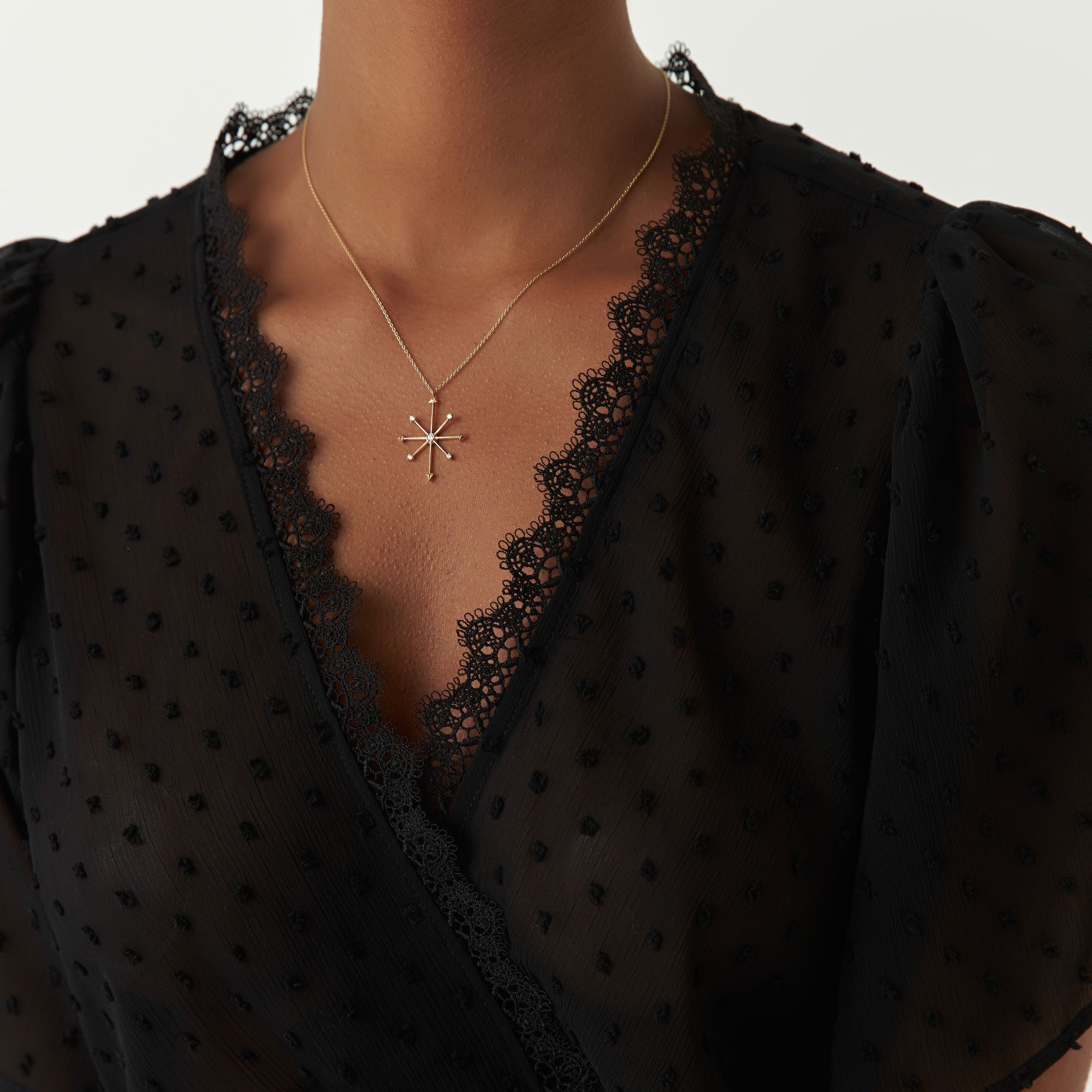 OBFJ1294 - 14k Layering Diamond Compass Charm Necklace 4