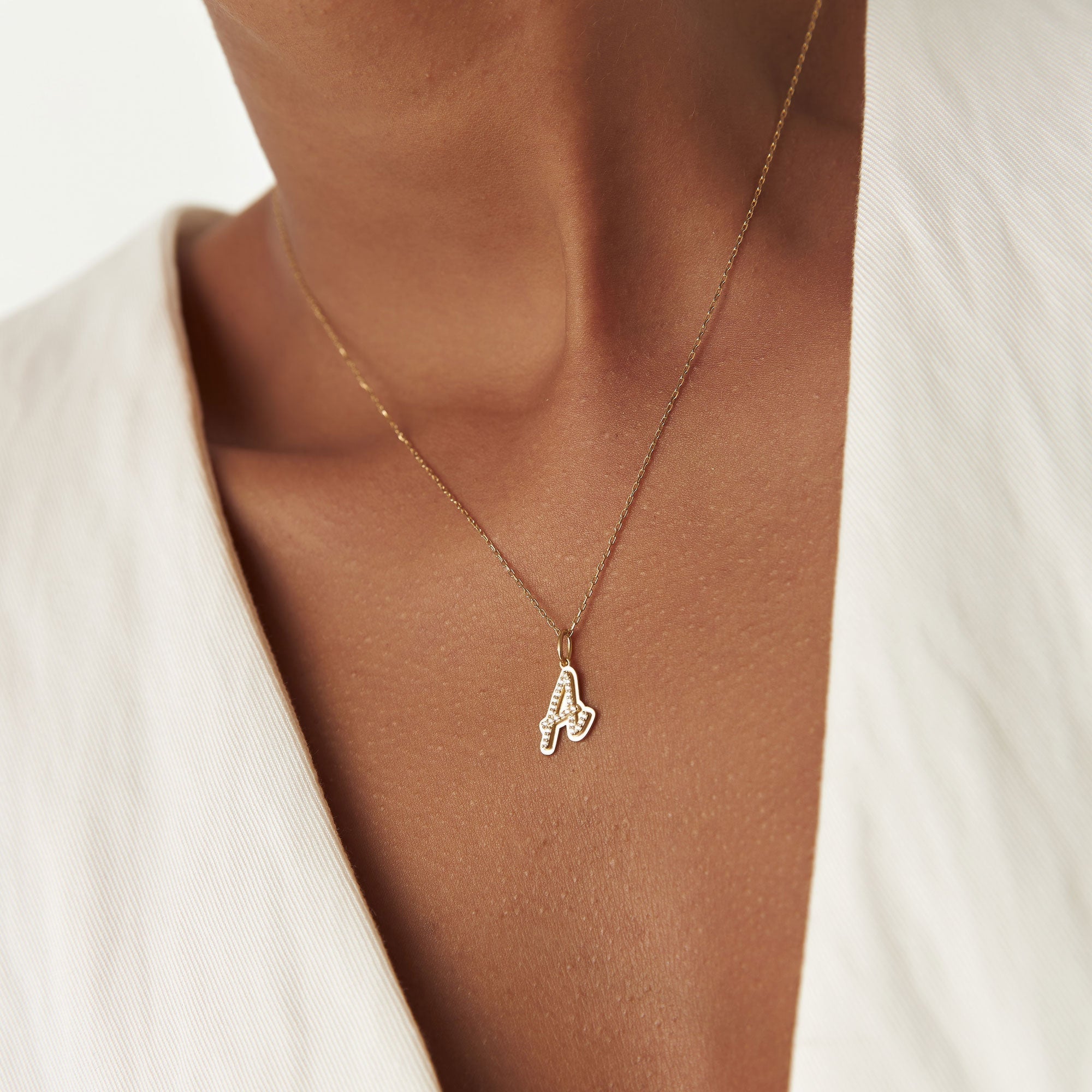OBFJ1226 - 14K Gold Script Font Diamond Initial Layered 3D Necklace 2