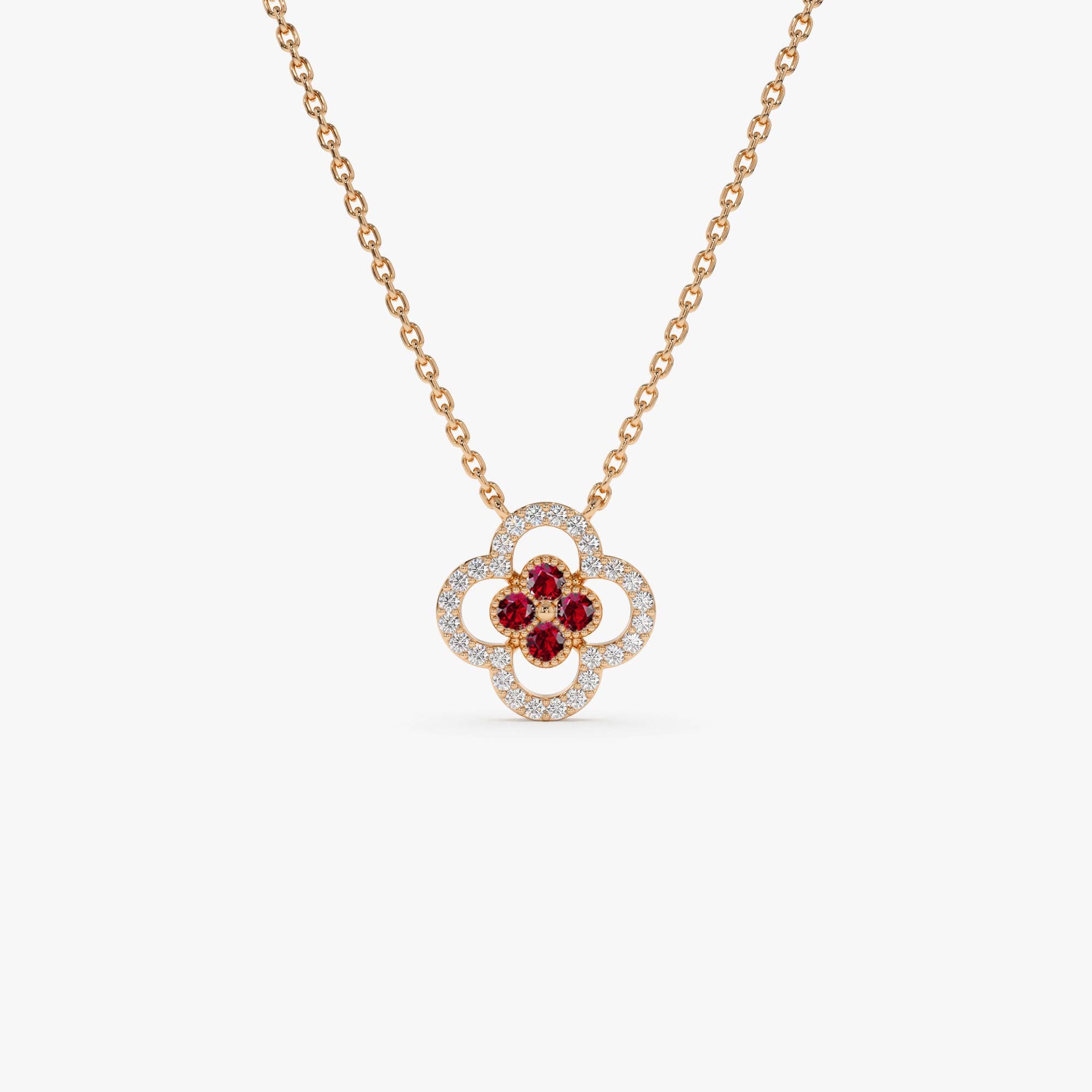 OBFJ0910 - 14k Ruby Clover Necklace in Halo Setting 6