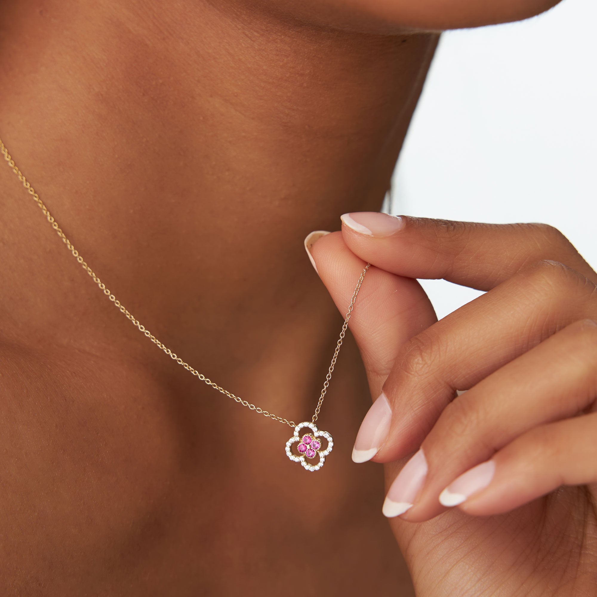 OBFJ0910 - 14k Ruby Clover Necklace in Halo Setting 3