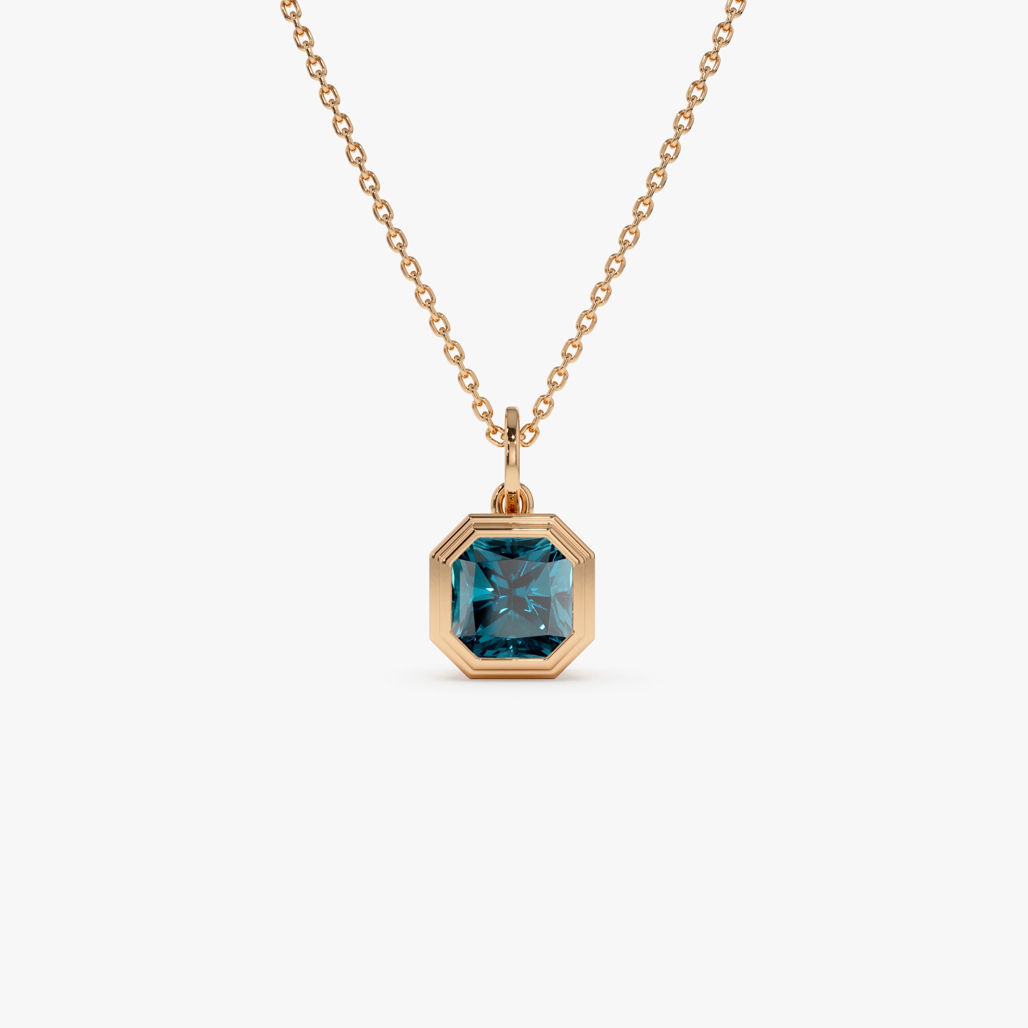 OBFJ0823 - 14K Asscher Cut Bezel Set London Blue Topaz  Necklace 5