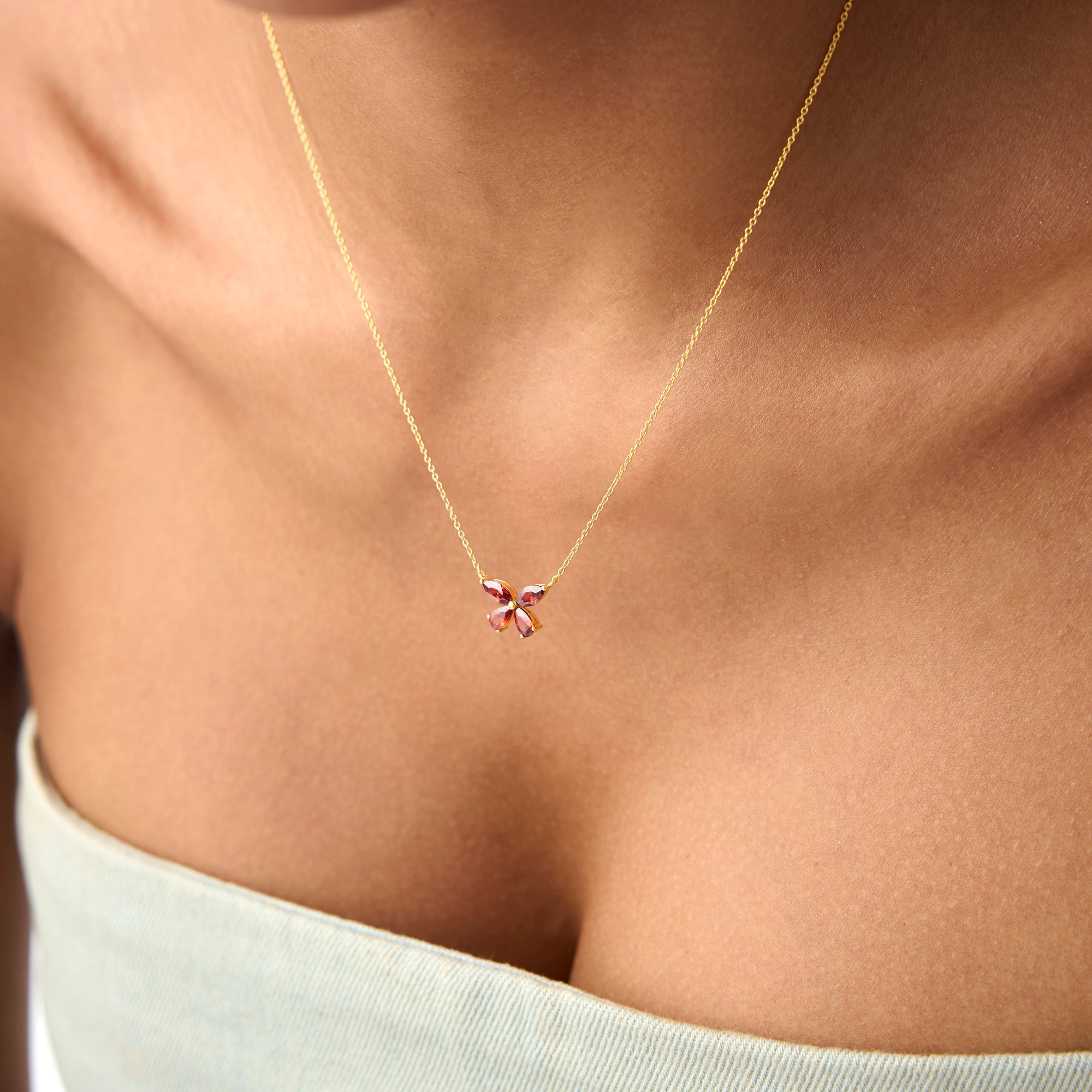 OBFJ0829 - Garnet Butterfly Necklace necklace in selectable metal and diamond options - Roselle Jewelry view 2