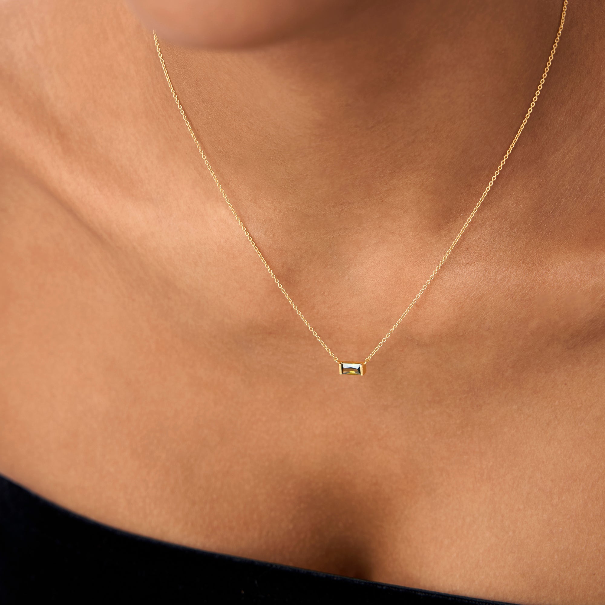 OBFJ0834 - 14Kt Gold Baguette Peridot Dainty Birthstone Necklace necklace in selectable metal and diamond options - Roselle Jewelry view 3