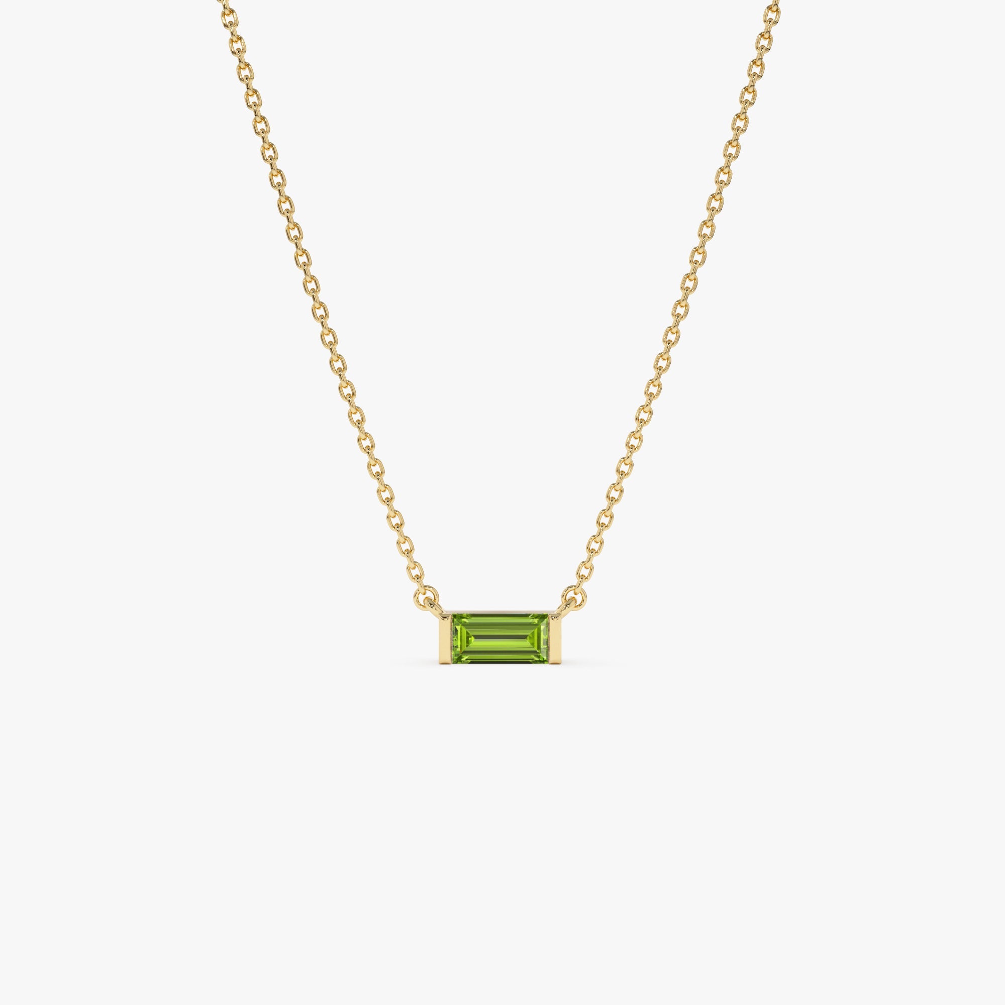 OBFJ0834 - 14Kt Gold Baguette Peridot Dainty Birthstone Necklace necklace in selectable metal and diamond options - Roselle Jewelry view 1
