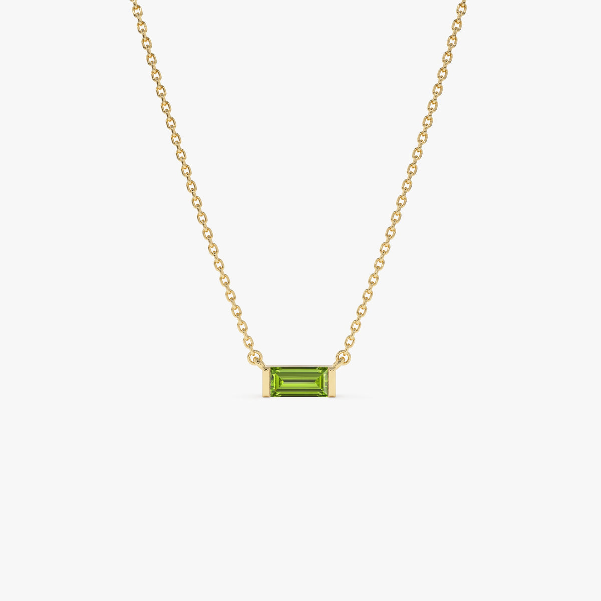 OBFJ0834 - 14Kt Gold Baguette Peridot Dainty Birthstone Necklace necklace in selectable metal and diamond options - Roselle Jewelry view 1
