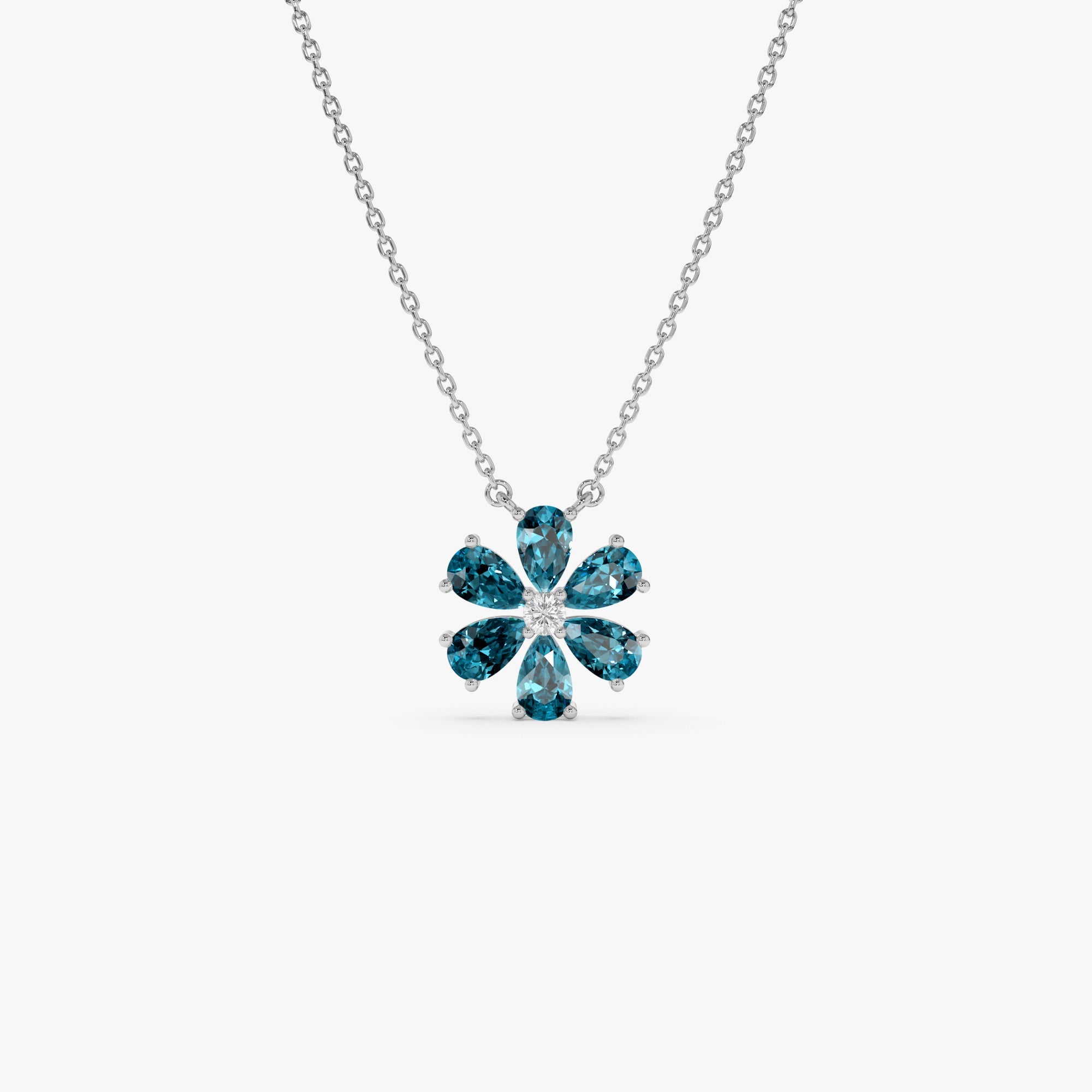 OBFJ0843 - 14K Gold London Blue Topaz Flower Necklace 6