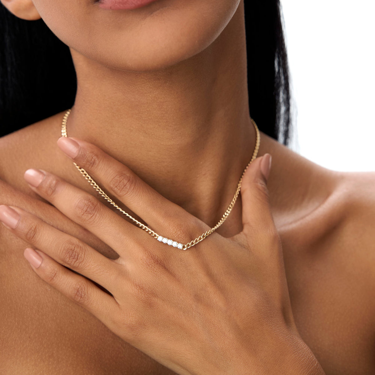 OBFJ0856 - Diamond Bar Cuban Chain Necklace necklace in selectable metal and diamond options - Roselle Jewelry view 3