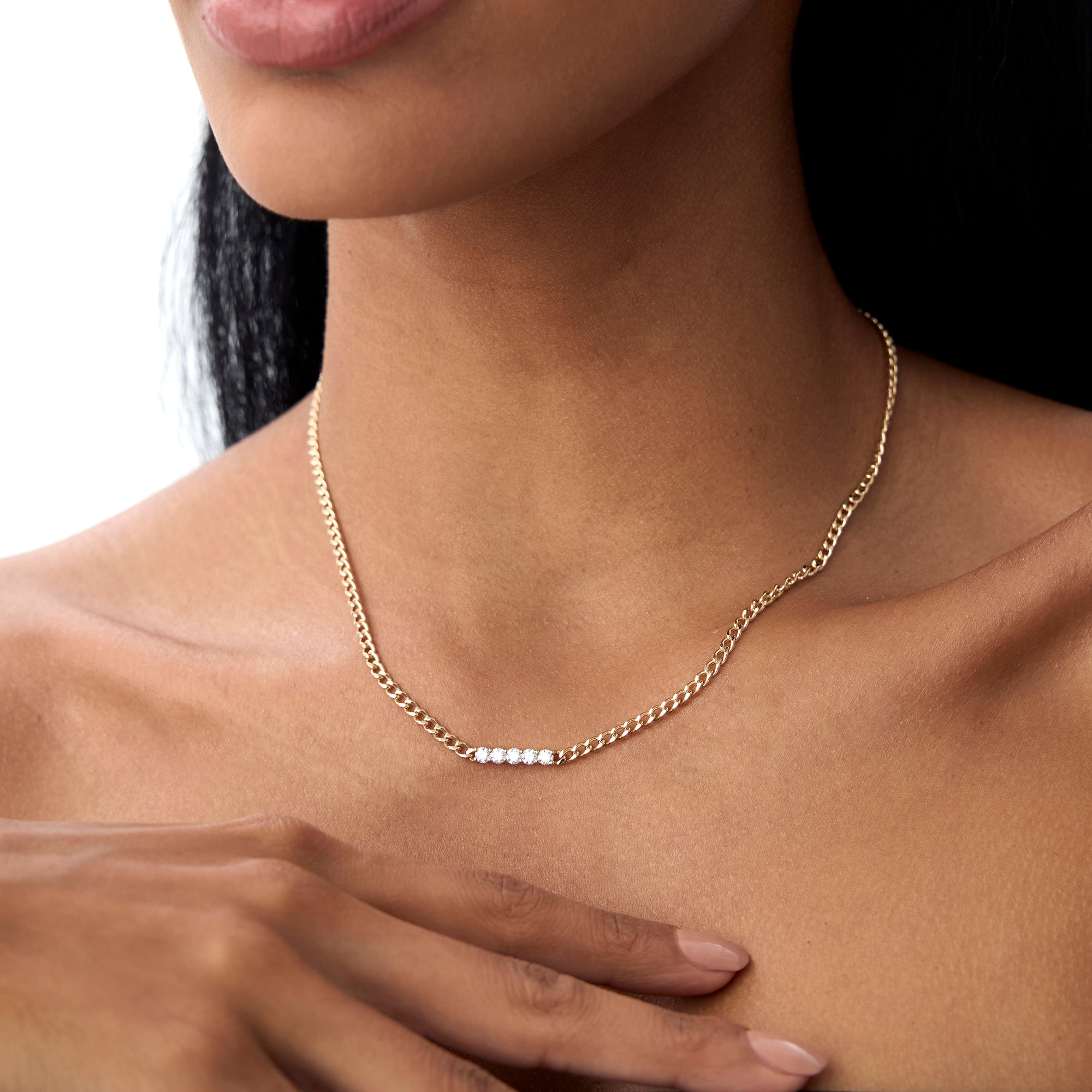 OBFJ0856 - Diamond Bar Cuban Chain Necklace necklace in selectable metal and diamond options - Roselle Jewelry view 2
