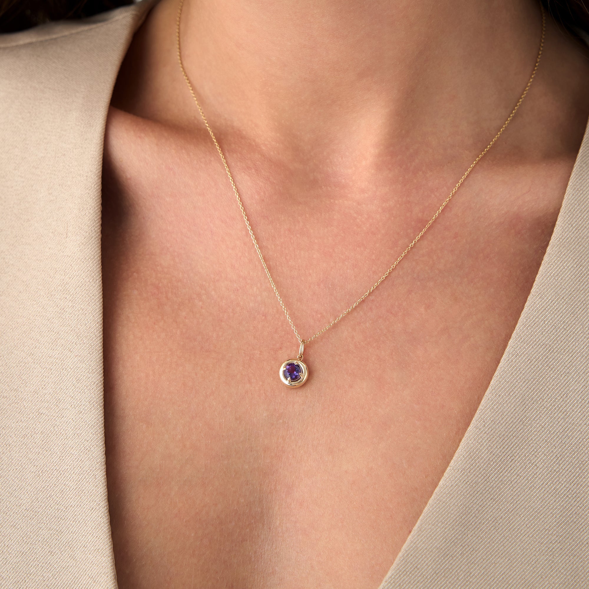OBFJ0451 - 14K Prong Setting Round Amethyst Charm Necklace 4