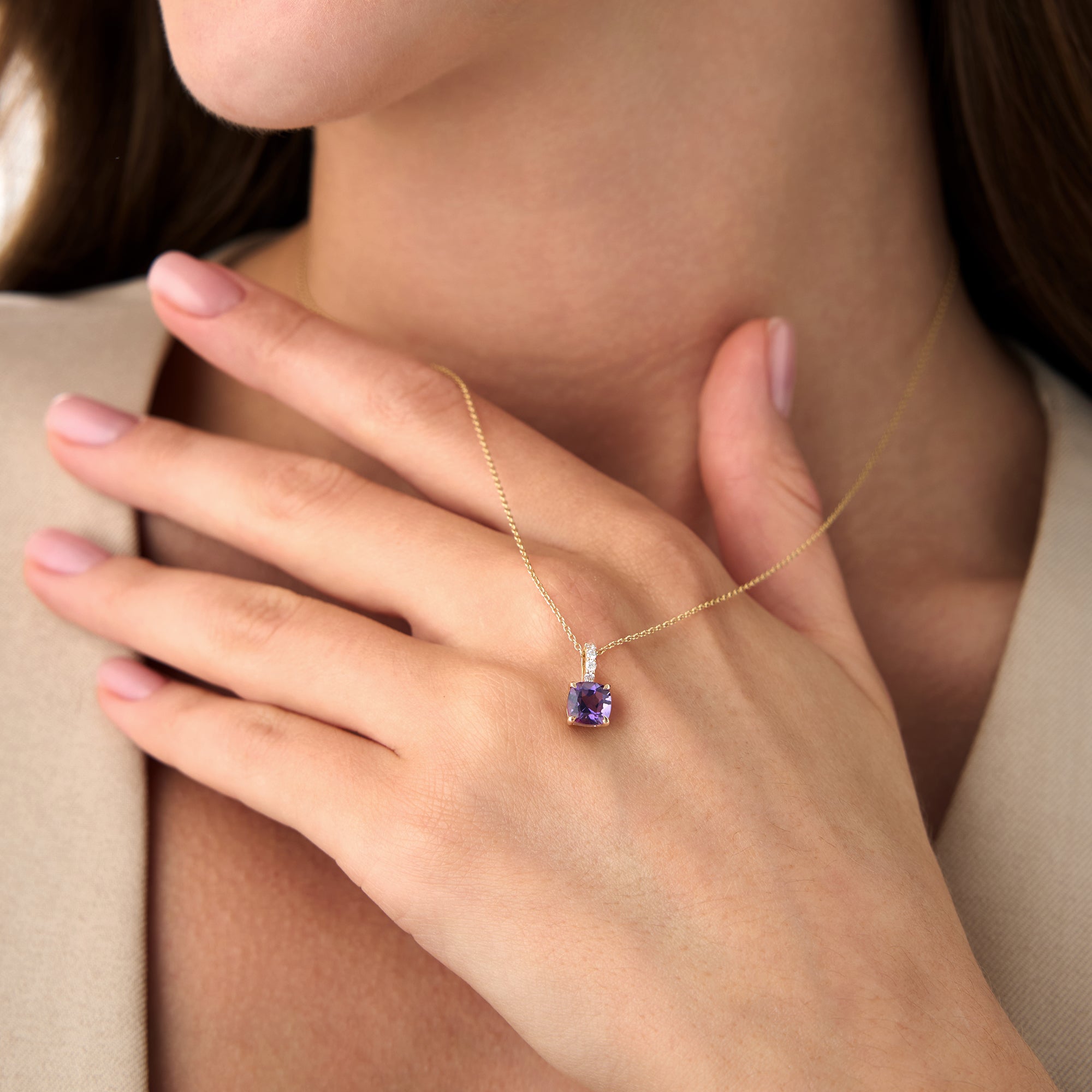 OBFJ0467 - 14K Cushion Cut Amethyst with Diamond Bail 2