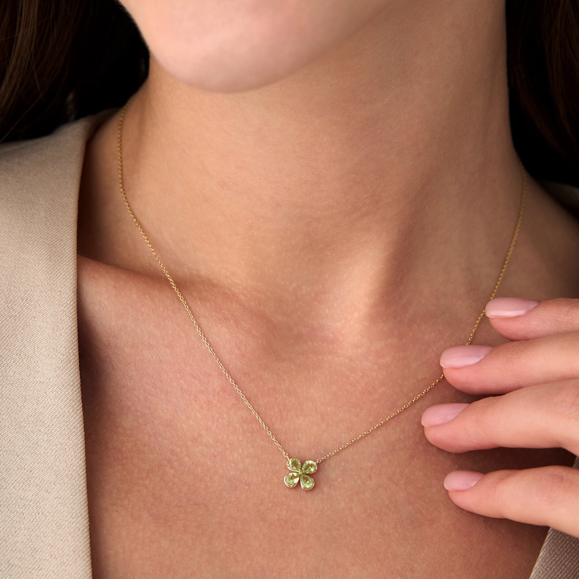 OBFJ0476 - Four Leaf Peridot Clover Necklace necklace in selectable metal and diamond options - Roselle Jewelry view 3
