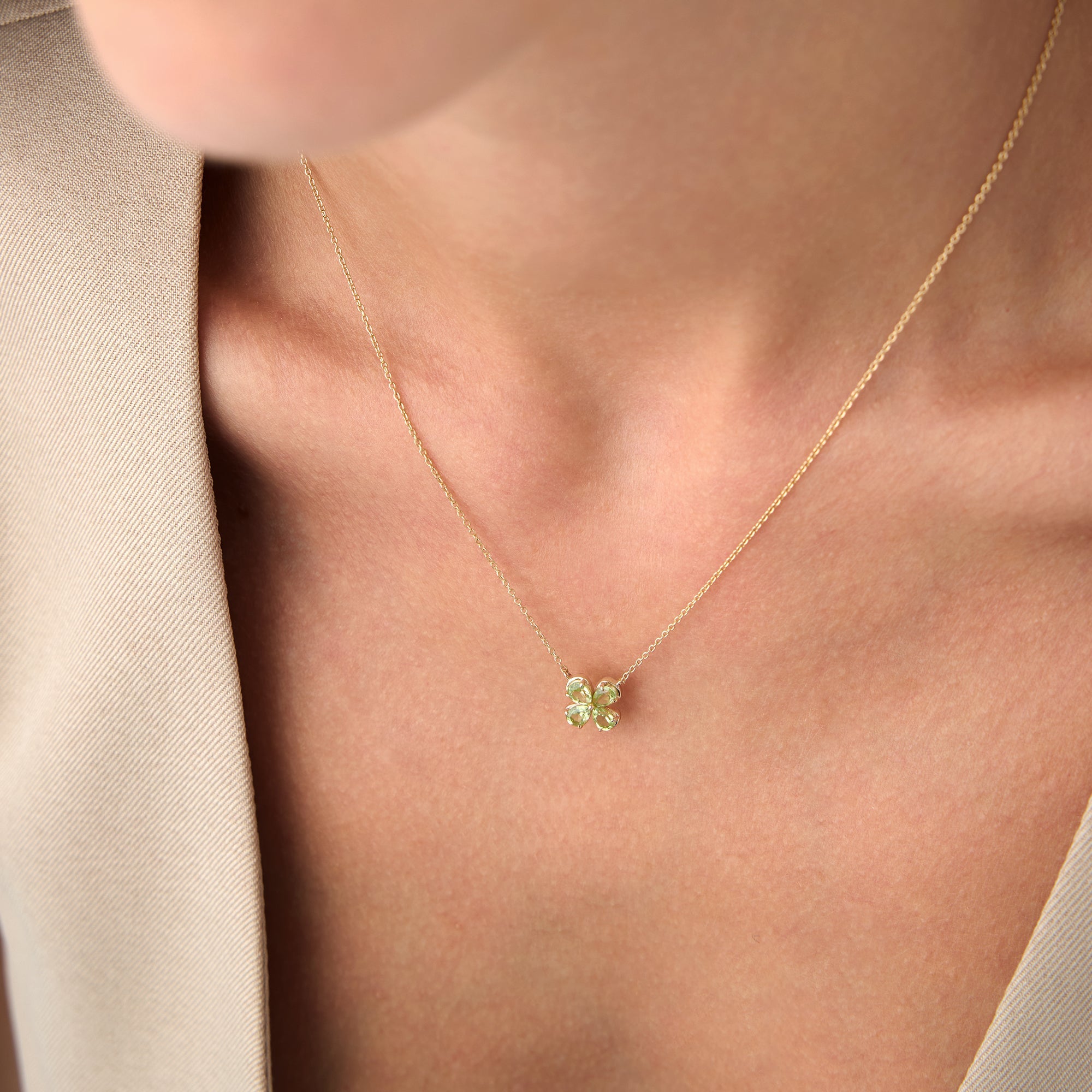 OBFJ0476 - Four Leaf Peridot Clover Necklace necklace in selectable metal and diamond options - Roselle Jewelry view 5