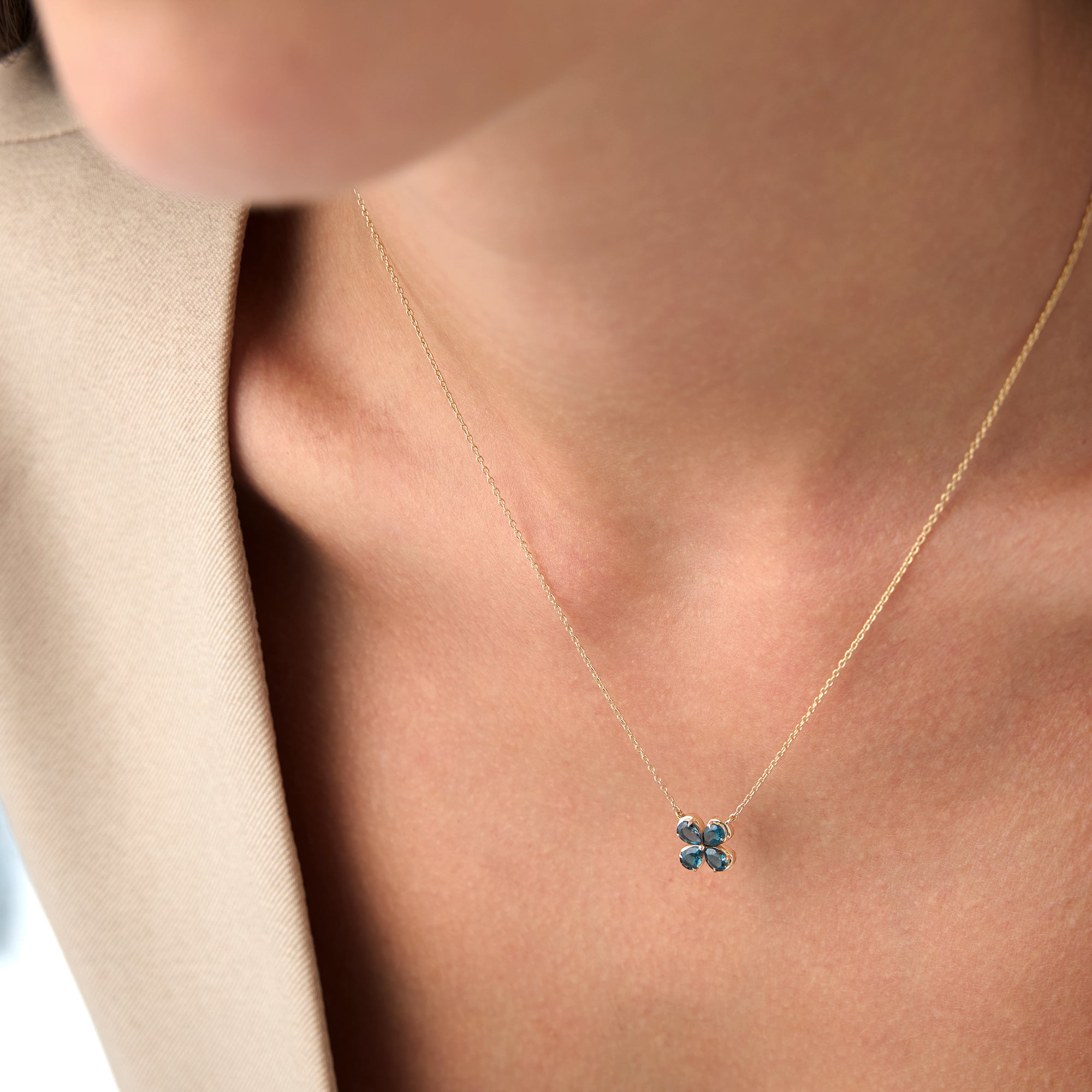 OBFJ0477 - 14K Four Leaf London Blue Topaz Clover Necklace 5