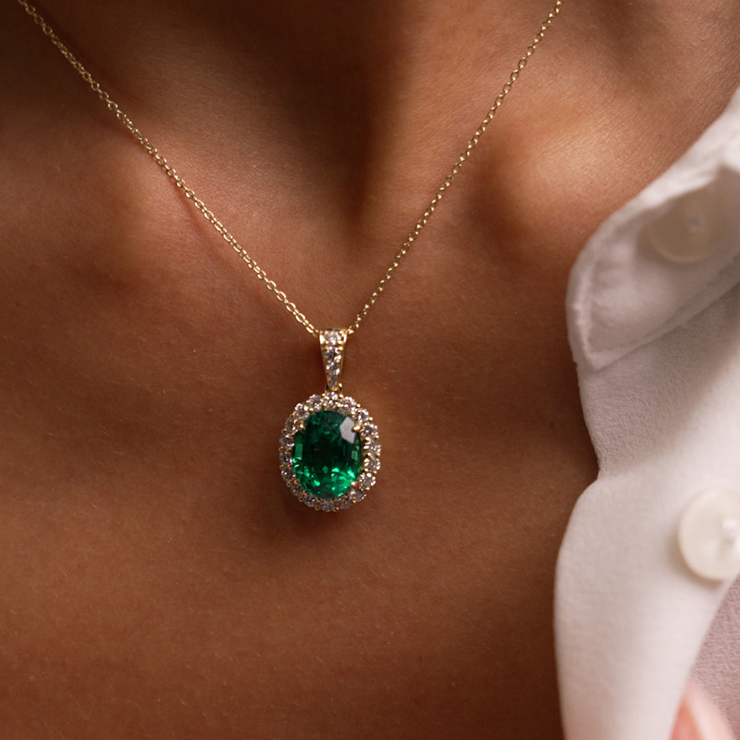 OBFJ0371 - 3.60 Ctw 14k Lab Grown Colombian Emerald and Diamond Halo Pendant Necklace - Aura 2
