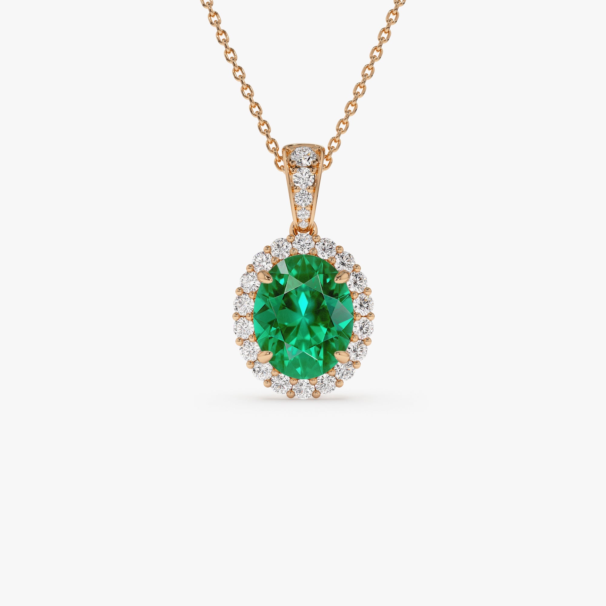 OBFJ0371 - 3.60 Ctw 14k Lab Grown Colombian Emerald and Diamond Halo Pendant Necklace - Aura 6