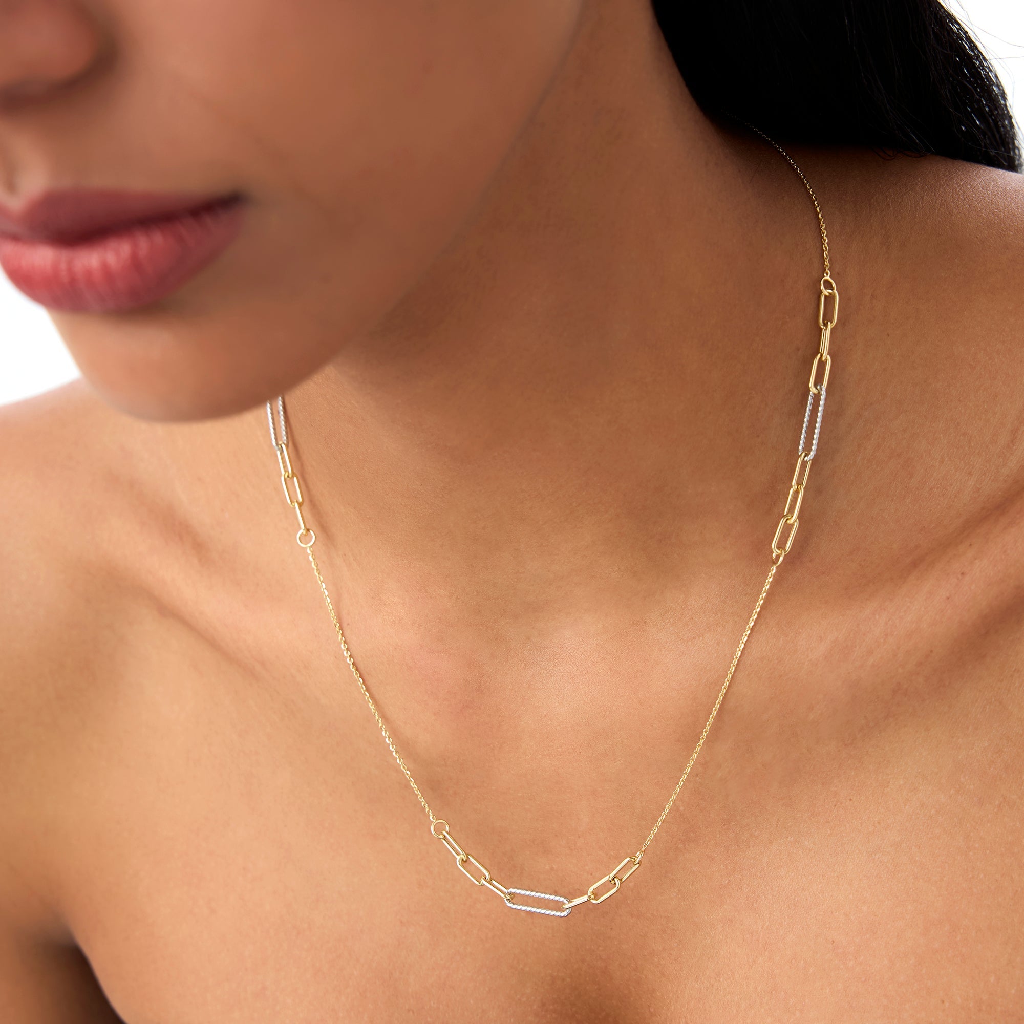 OBFJ0741 - 14k Two-Tone Link Layering Paperclip Necklace 5