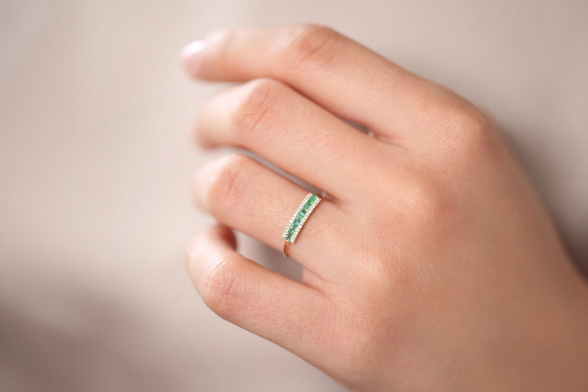 OBFJ1698 - Baguette Emerald and Diamonds Ring ring in selectable metal and diamond options - Roselle Jewelry view 6