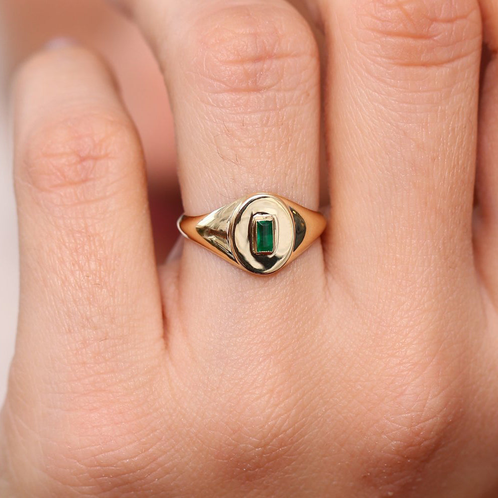 OBFJ1654 - Baguette Emerald Signet Ring ring in selectable metal and diamond options - Roselle Jewelry view 2