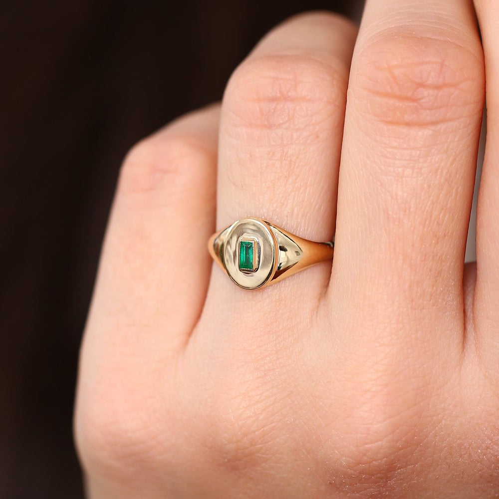 OBFJ1654 - Baguette Emerald Signet Ring ring in selectable metal and diamond options - Roselle Jewelry view 4