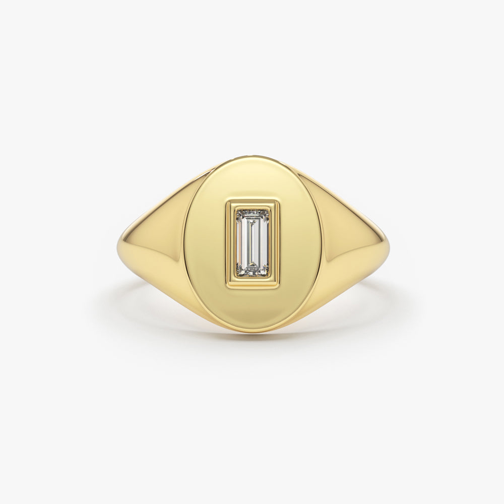 OBFJ1666 - 14K Gold Baguette Diamond Signet Ring 1