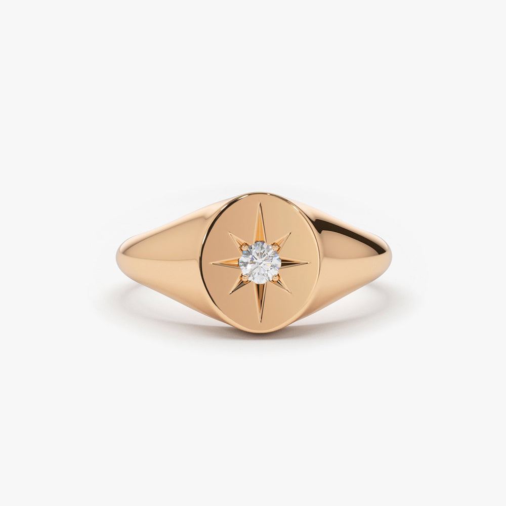 OBFJ1633 - 14K Gold Starburst Diamond Signet Ring 4