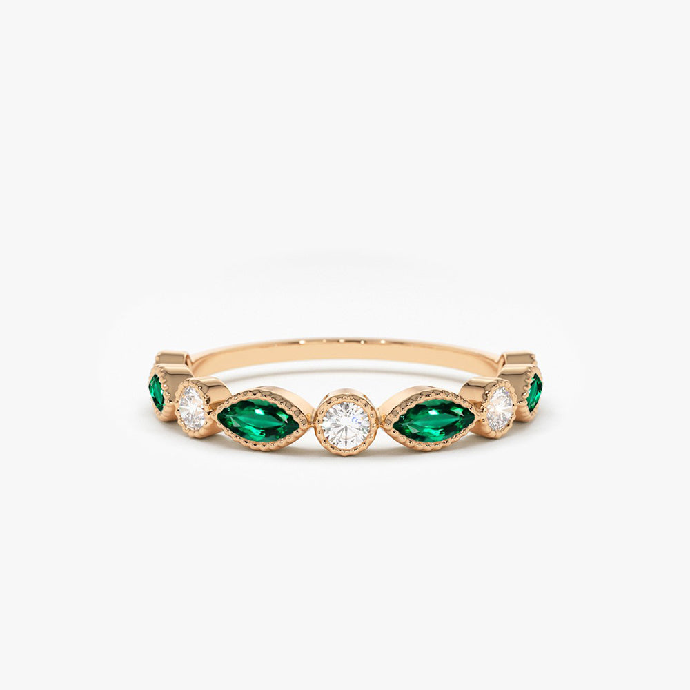 OBFJ1705 - Marquise Emerald and Diamond Wedding Band ring in selectable metal and diamond options - Roselle Jewelry view 5