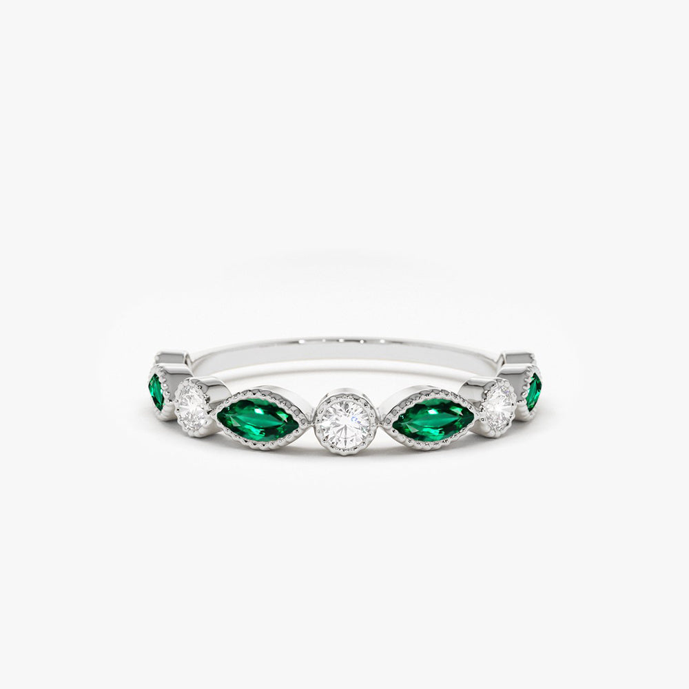 OBFJ1705 - Marquise Emerald and Diamond Wedding Band ring in selectable metal and diamond options - Roselle Jewelry view 6