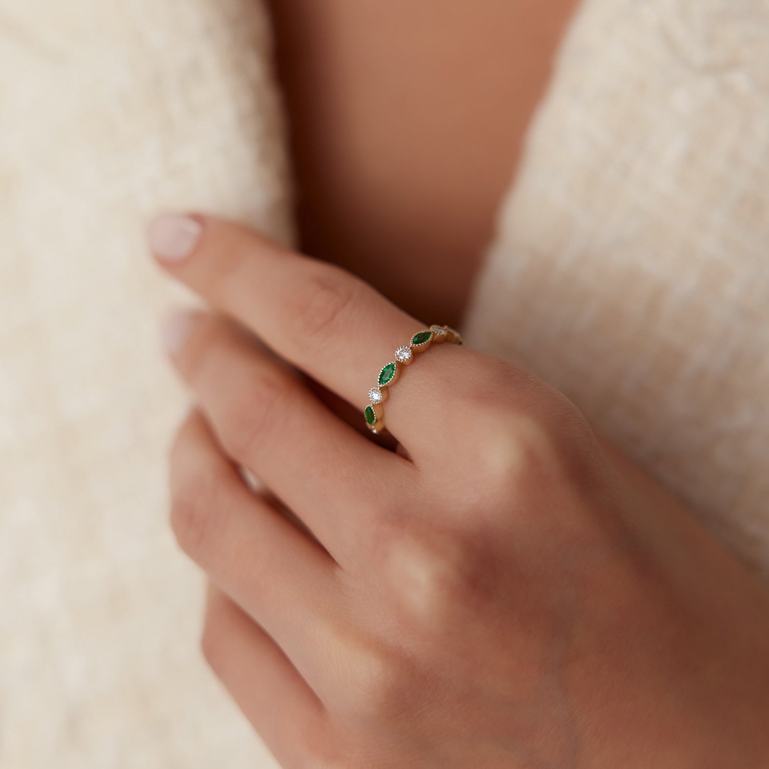 OBFJ1705 - Marquise Emerald and Diamond Wedding Band ring in selectable metal and diamond options - Roselle Jewelry view 2