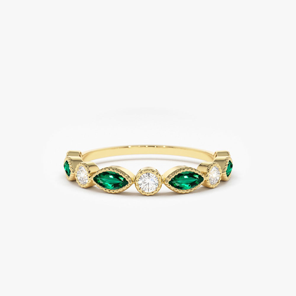 OBFJ1705 - Marquise Emerald and Diamond Wedding Band ring in selectable metal and diamond options - Roselle Jewelry view 1