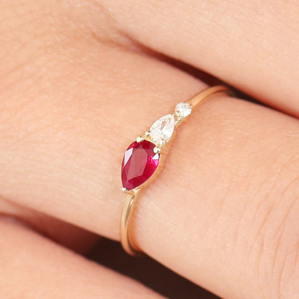 OBFJ1751 - Pear Shape Natural Ruby with Pear Shape Diamond Ring ring in selectable metal and diamond options - Roselle Jewelry view 2