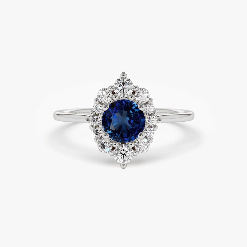 OBFJ1764 - 14k Round Sapphire Halo Diamond Engagement Ring 6
