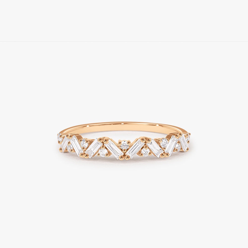 OBFJ1781 - 14K Gold Slanted Baguette and Round Diamond Ring 5