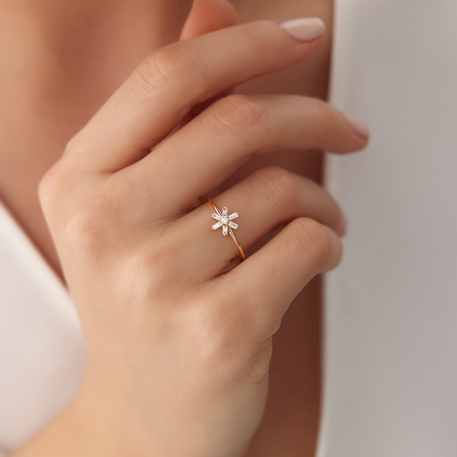 OBFJ1822 - Baguette Diamond Flower Ring ring in selectable metal and diamond options - Roselle Jewelry view 2