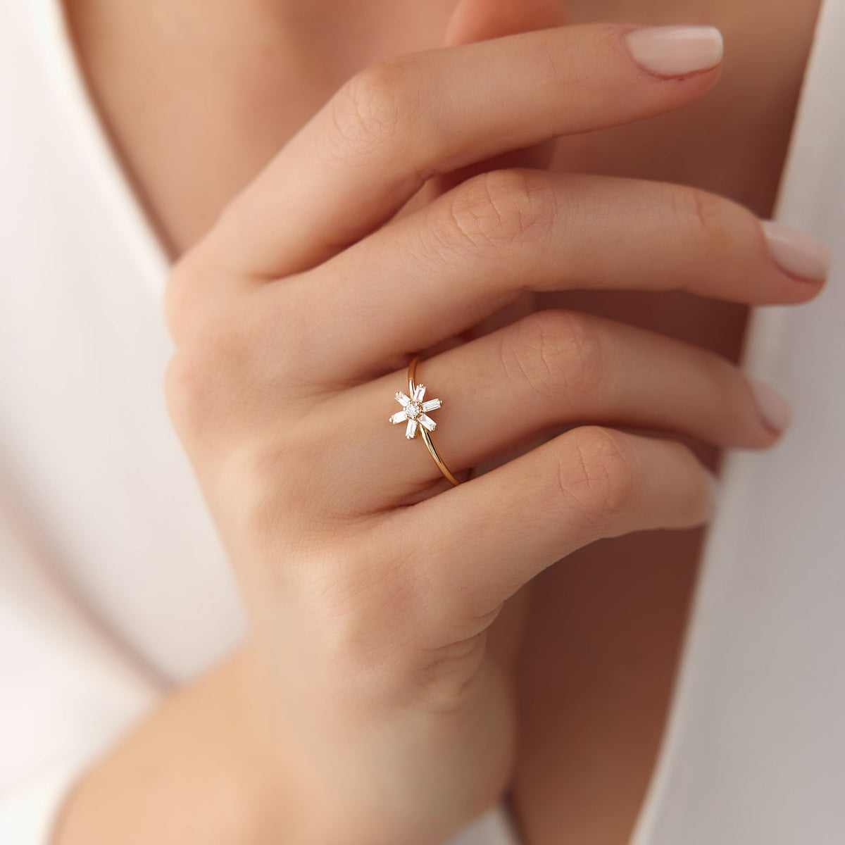 OBFJ1822 - Baguette Diamond Flower Ring ring in selectable metal and diamond options - Roselle Jewelry view 3