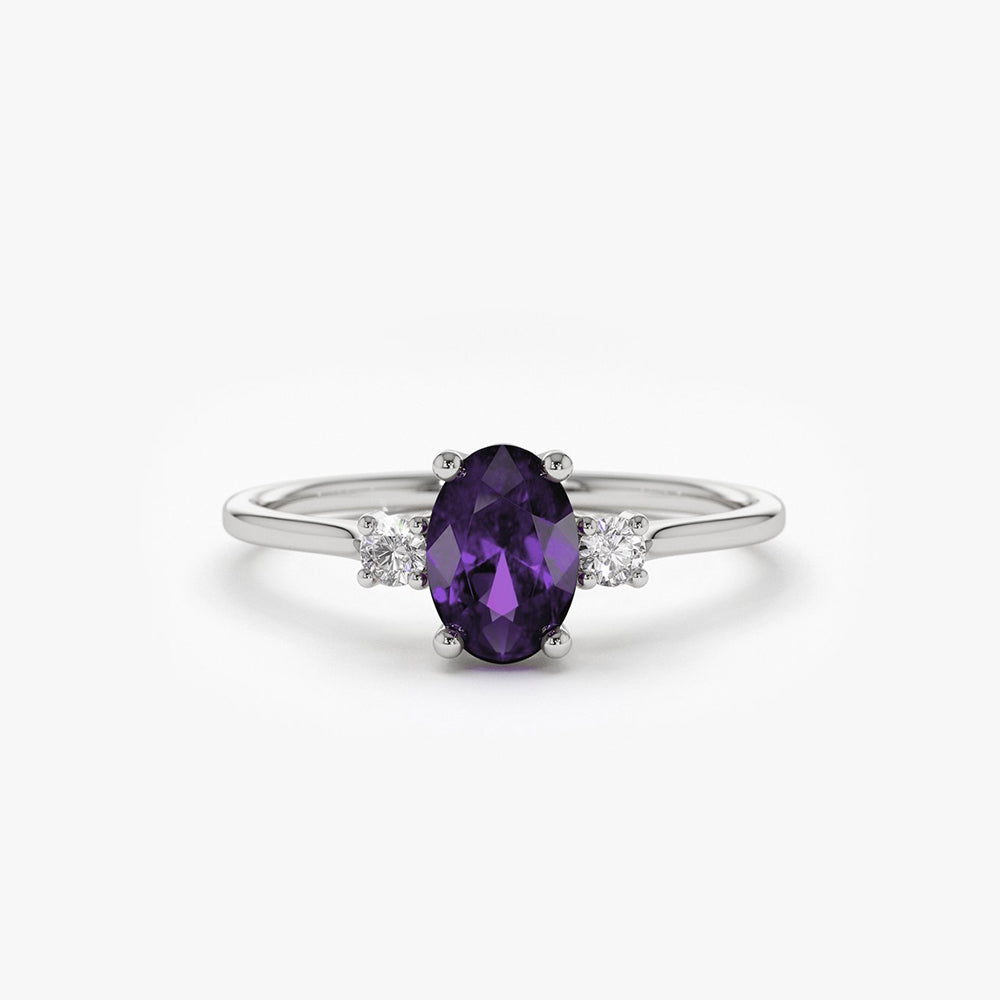 OBFJ2017 - 14K Gold Oval Shape Amethyst and Diamond 3 Stone Ring 5
