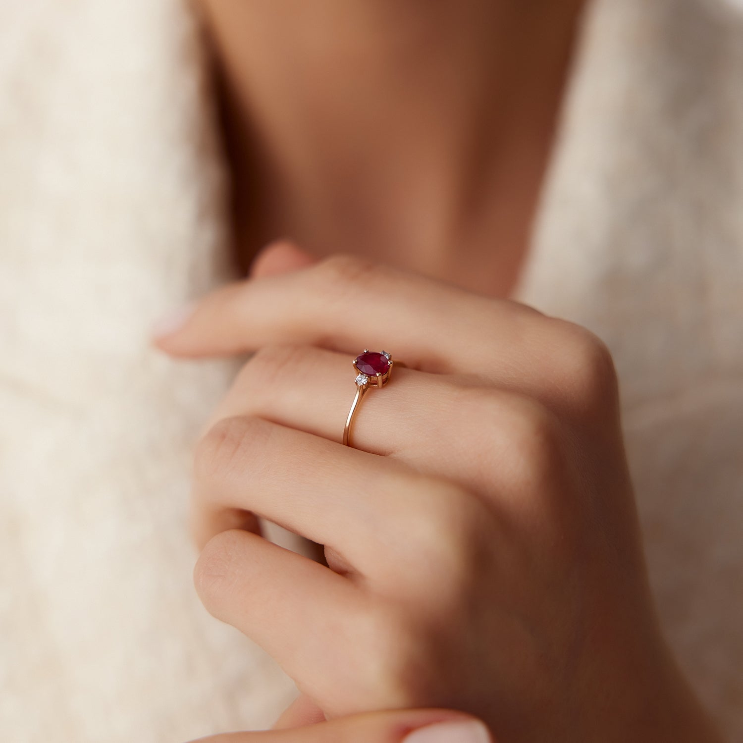 OBFJ1824 - 14k Oval Shape Ruby and Diamond 3 Stone Ring 3
